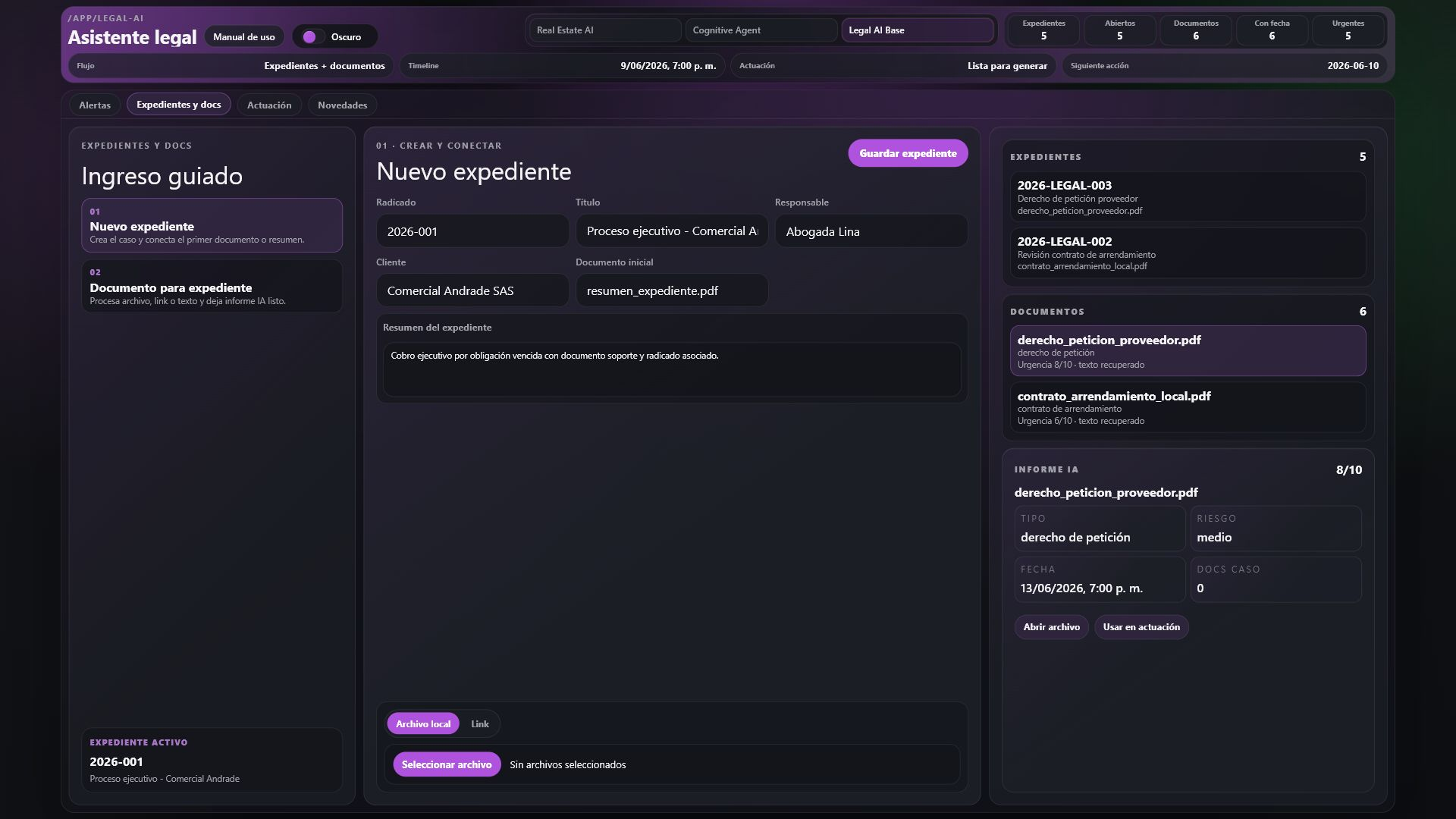 Pantalla de expedientes y documentos de Legal AI