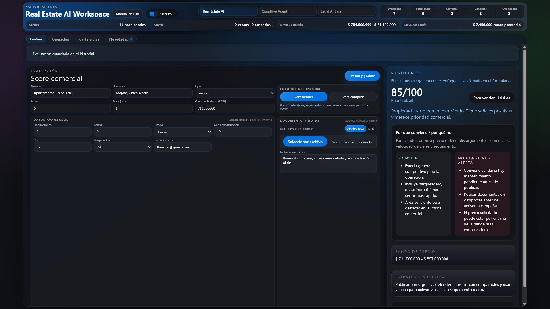 Pantalla de evaluacion comercial de Real Estate AI